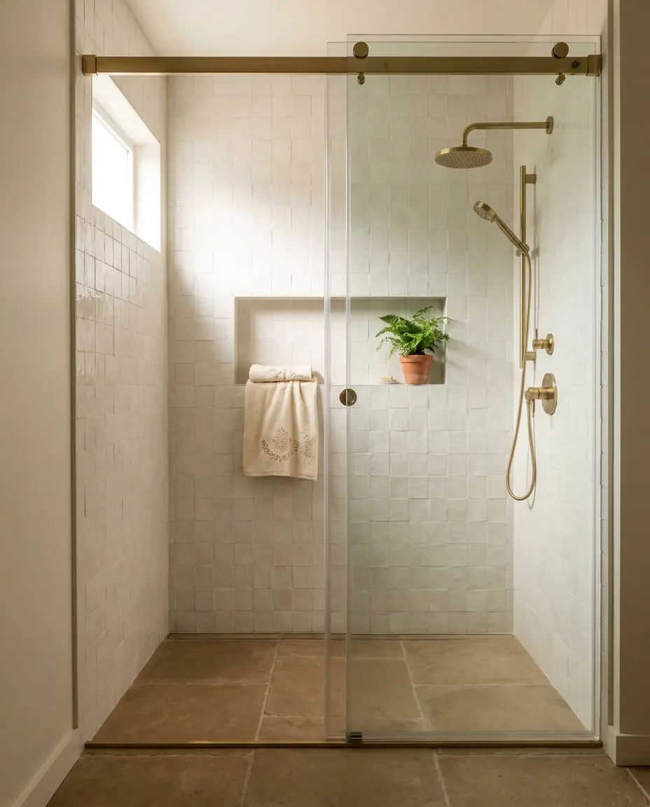 Recently completed walk-in shower with brushed brass fixtures and warm clay-toned stone floor
