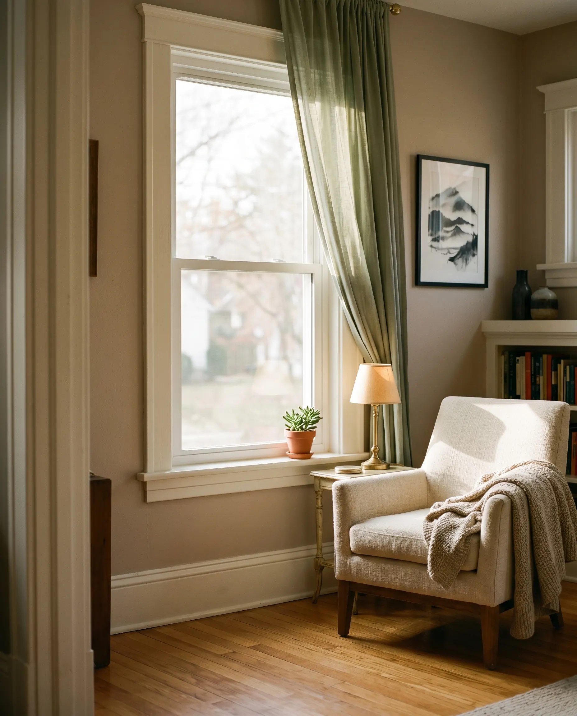 Tall replacement window in a living room with warm afternoon light